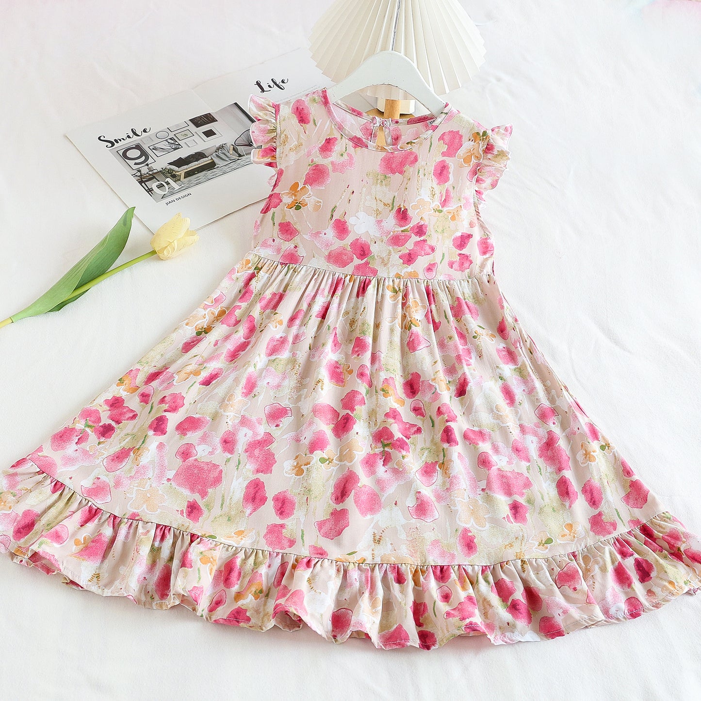 Fresh Flounced Sleeve Floral Cotton Summer Thin Cool Children's Dress