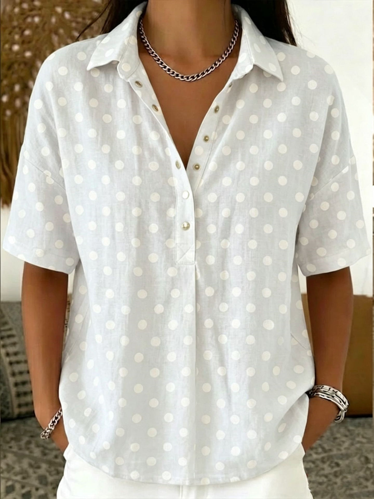 Women's Casual Polka Dot Lapel Shirt Half-open Button Blouse