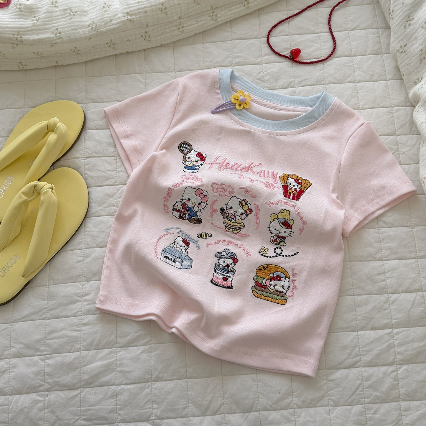 Short-sleeved Summer Cotton Cartoon Embroidered Top Contrast Color Round Neck Children's T-shirt