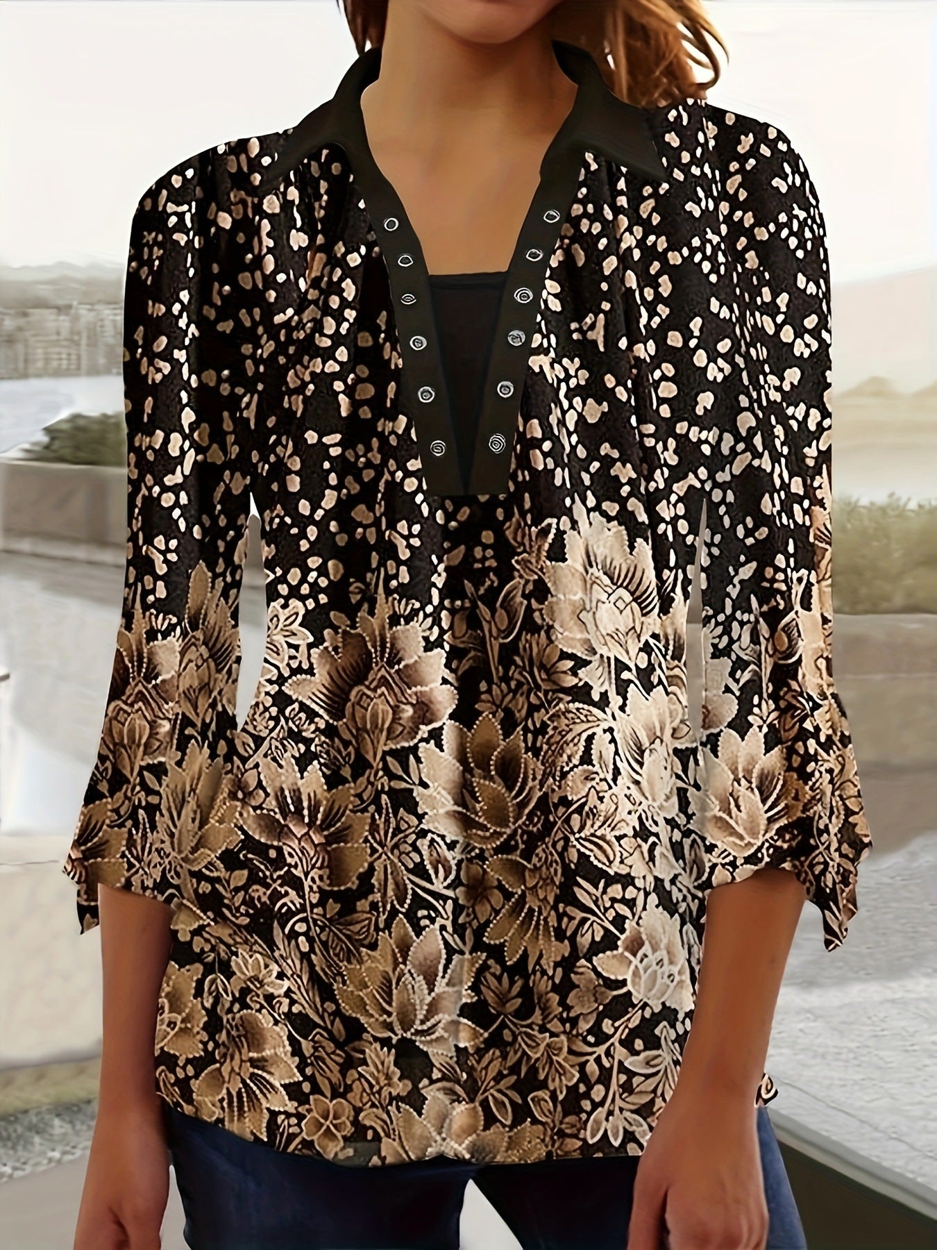 Autumn Print Polo Collar Irregular Sleeve Women's T-shirt