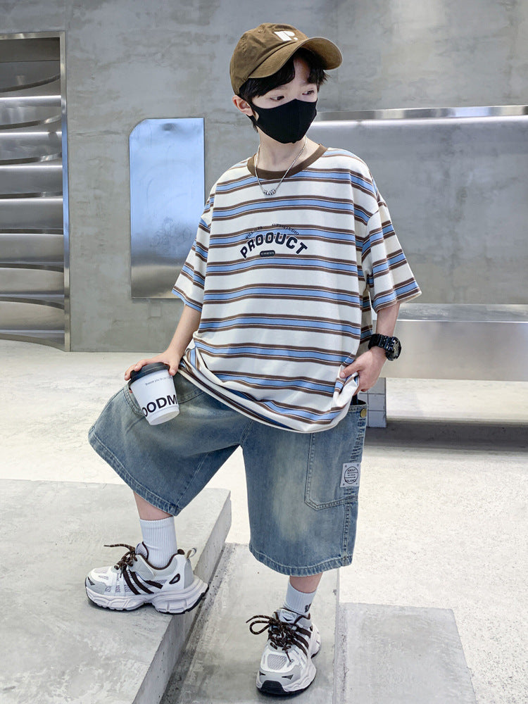 Children's Summer Striped Short-sleeved Shorts Two-piece Medium Big Children's Suit