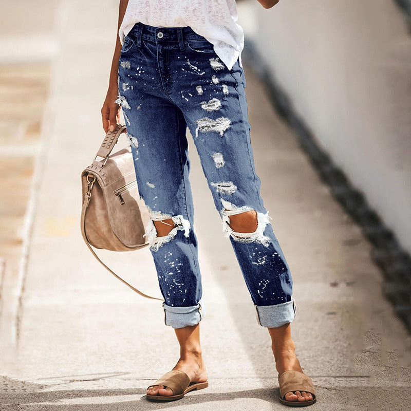 Women's Summer Stretch Water Washed Hole Straight Women's Jeans