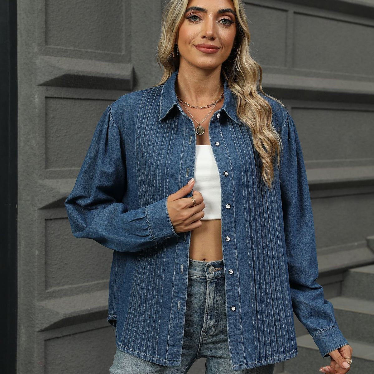 Women's Loose Washed-out Denim Shirt Long Sleeve Tops