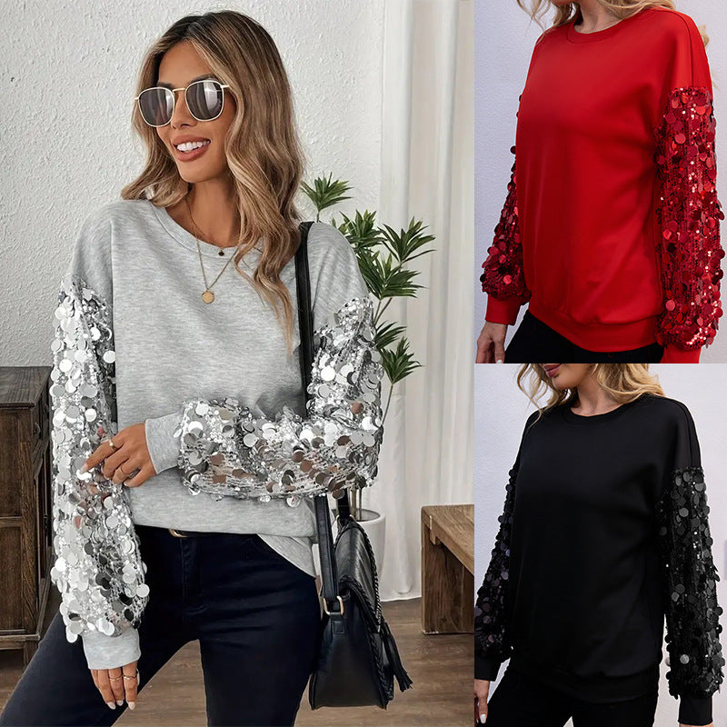 Women's Fashion Sequin Stitching Long-sleeved Shirt Casual Blouse