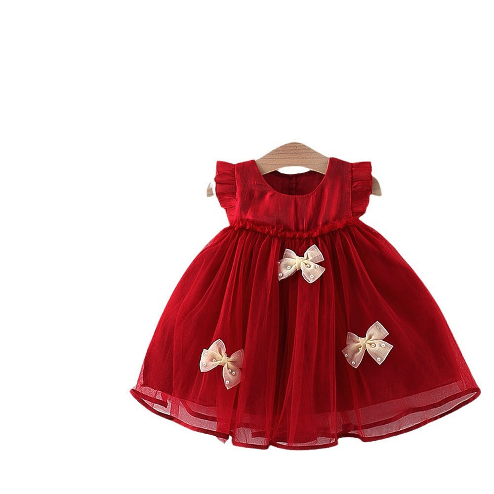 Children's Summer Twilight Yarn Flounced Sleeve Princess Bow Children's Dress