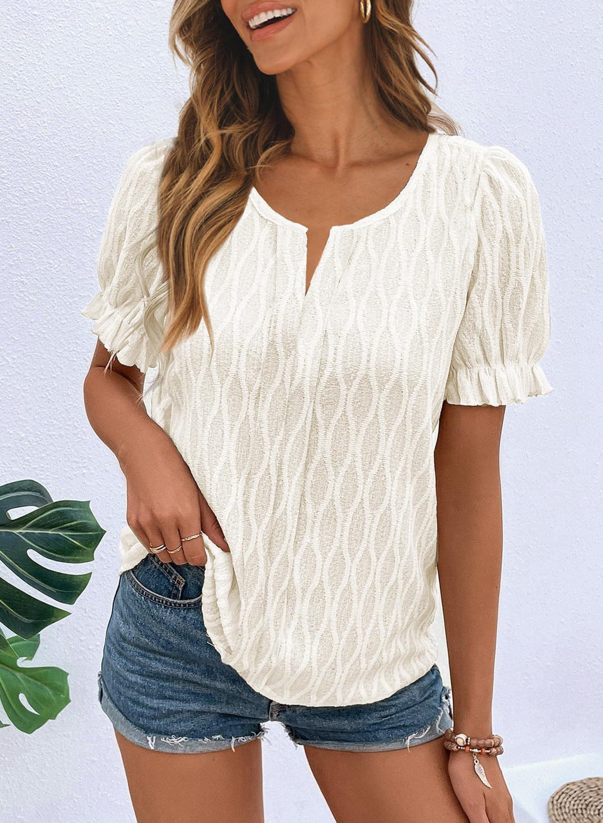 Women's T-shirt Puff Sleeve Jacquard Casual Loose Lace Shirt, Chiffon Shirt