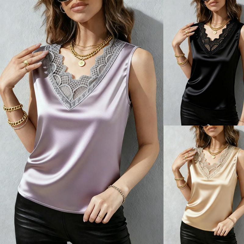 Women's Solid Color Sleeveless Satin T-shirt Tops
