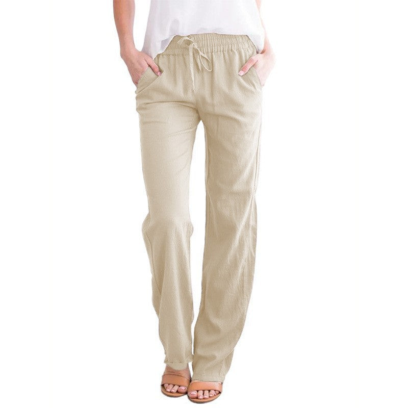 Women's Solid Color Cotton Linen Drawstring Loose Casual Pants