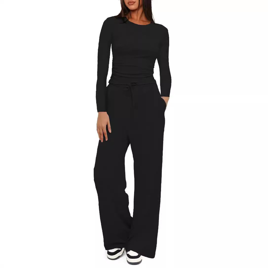 Solid Color Long Sleeves Outfit High Waist Wide Leg Fashion Casual Suit