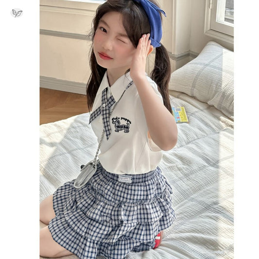 Summer College Plaid Skirt Outfit Tie Collar Short Sleeve T-shirt Children's Suit