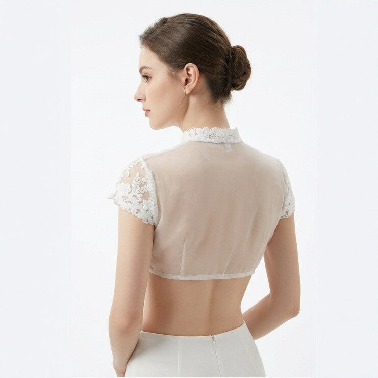 Stylish Women's Short-sleeved Turtleneck Slim White Lace Shirt, Chiffon Shirt