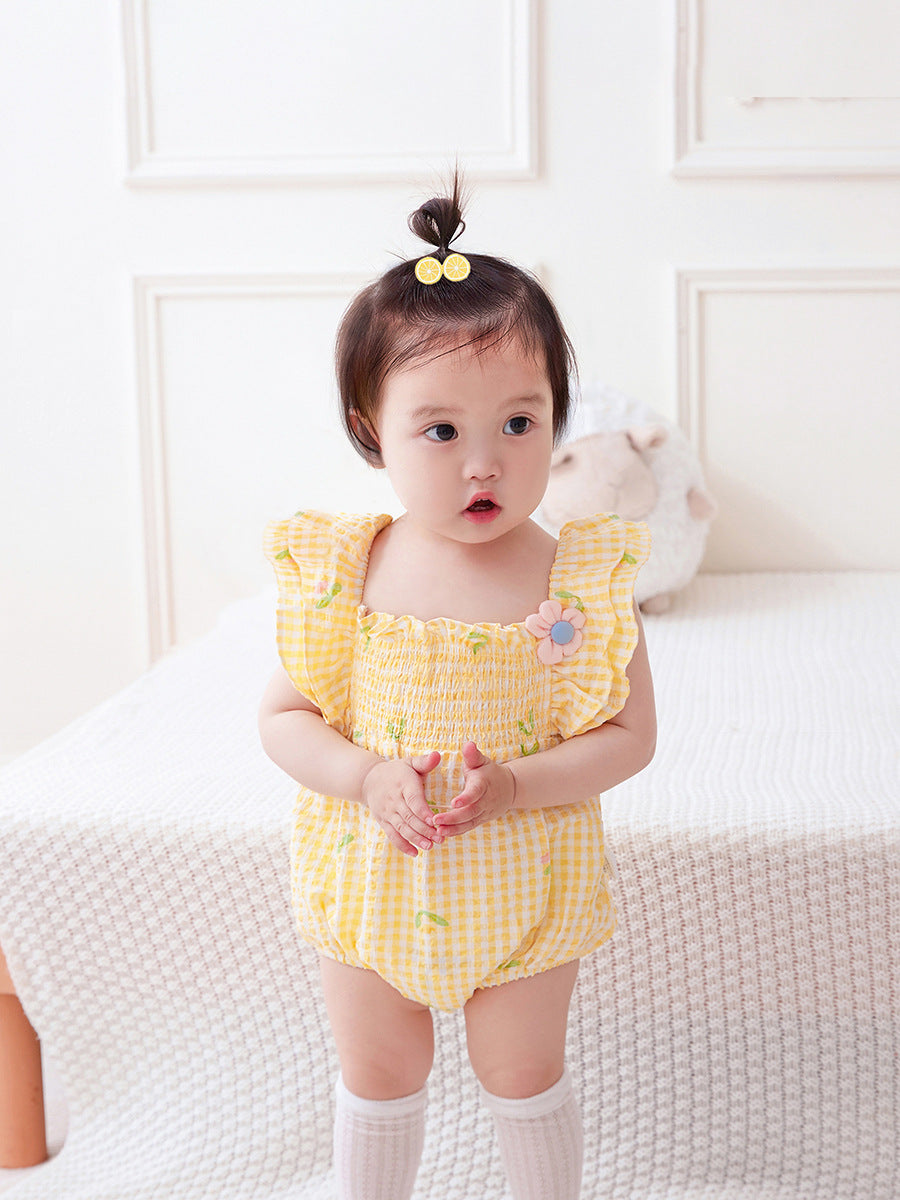 Give Birth Thin Bodysuit Plaid Triangle Rompers Flounced Sleeve Jumpsuit, Climbing Suit
