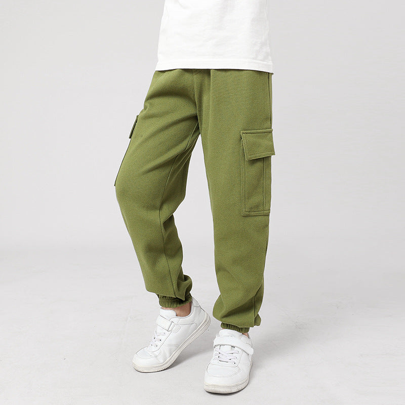 Korean Style Boys Medium Big Solid Color Sports Overalls Female Children's Pants