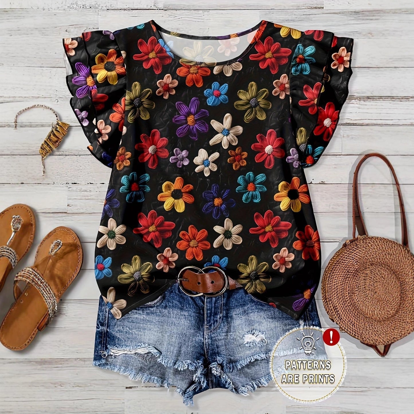 Summer Casual Fashion Floral Printed Round Large Size T-shirt
