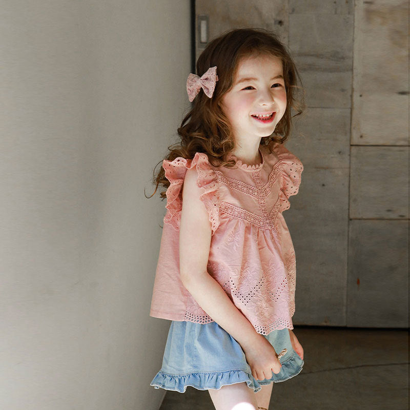 Children's Summer Strawberry Shan Clothing Hollow Edge Flounced Sleeve Children's T-shirt