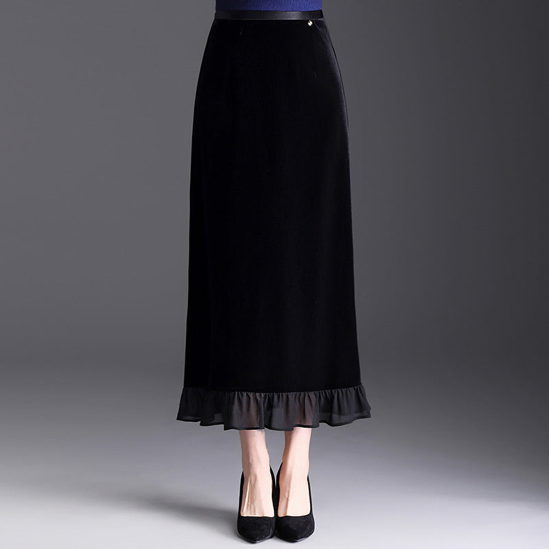 Women's Early Autumn Stitching Lace Veet Fashionable Temperamental Elastic Waist Skirt