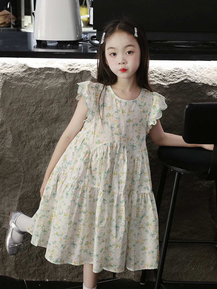Children's Summer Princess Floral Cotton Flounced Sleeve Children's Dress