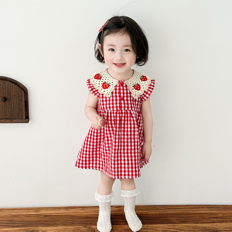 Children's Autumn Plaid Korean Style Sleeveless Strawberry Lace Children's Dress