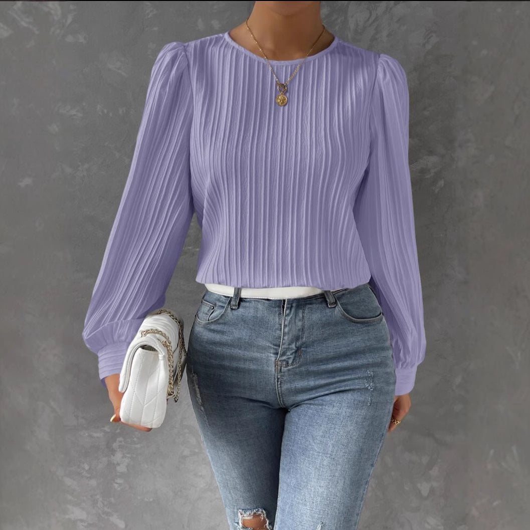 Spring Round Neck Lantern Sleeve Long Solid Color Blouses