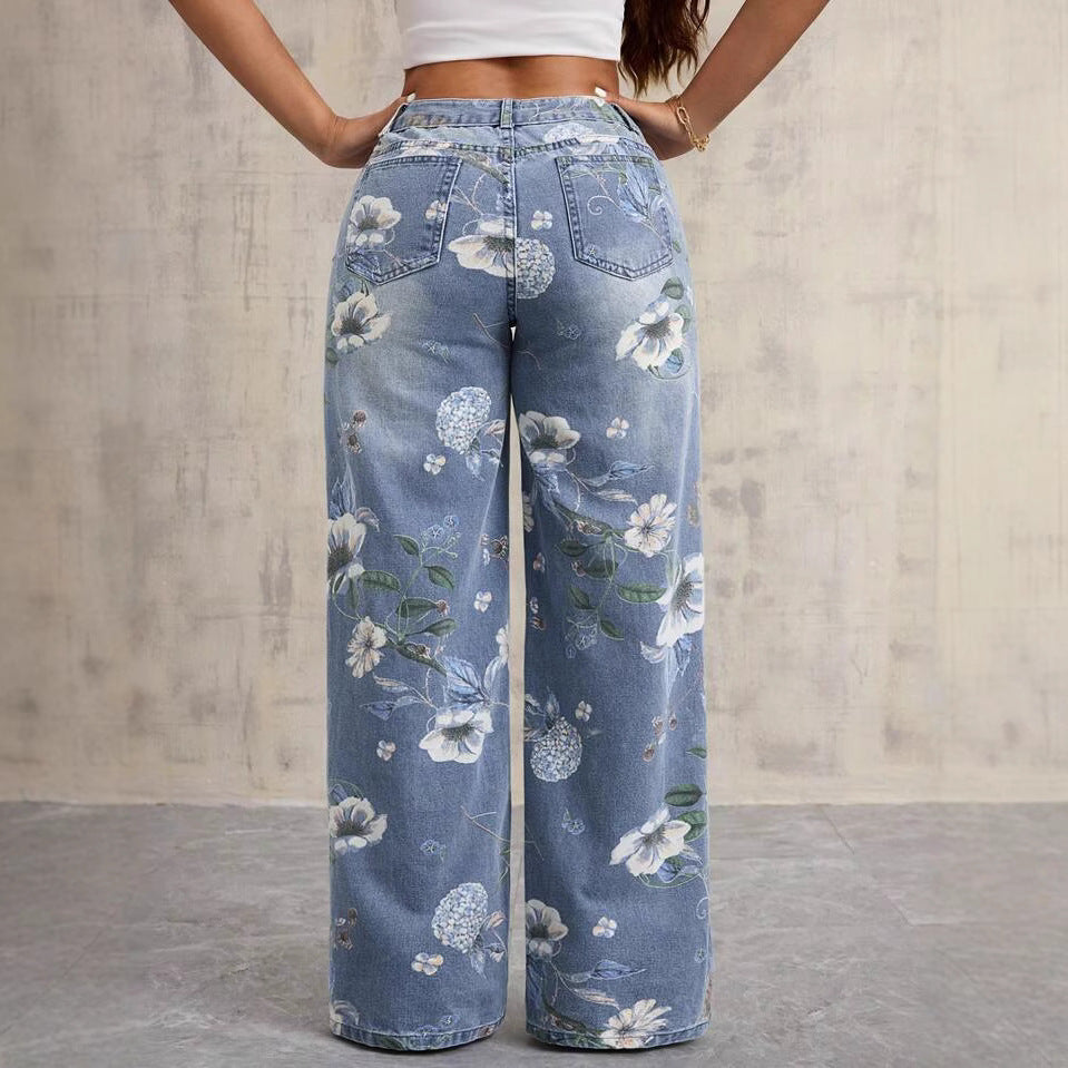 Women's Street Printed Autumn Fashion Style Loose Design Sense Mop Wide Women's Jeans