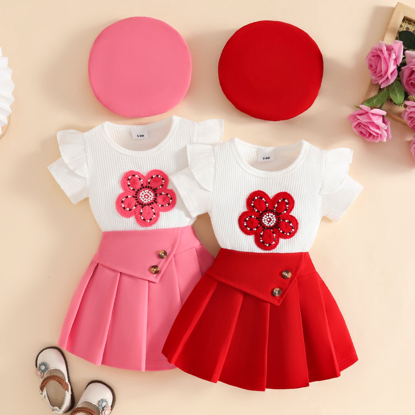 Summer Fashion Short-sleeved Shirt Pleated Skirt Beret Flower Button Children's Suit