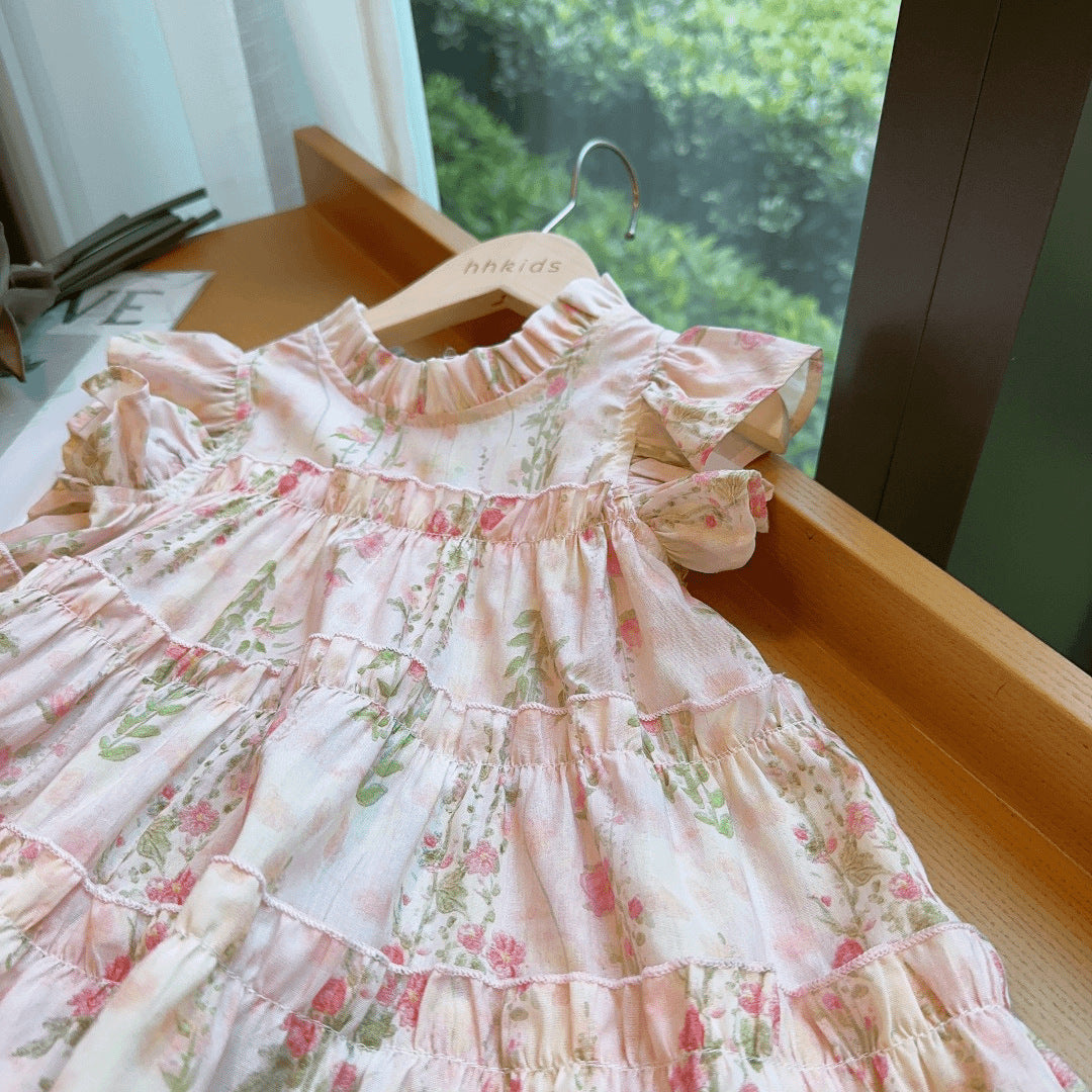 Fashionable Floral Korean Style Cotton Vacation Princess Children's Dress