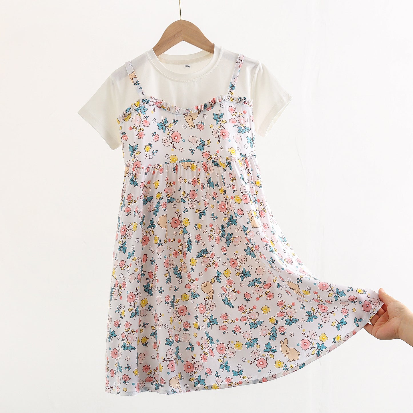 Children's Large Cotton Silk Short Sleeve Fake Two Pieces Artificial Summer Children's Dress