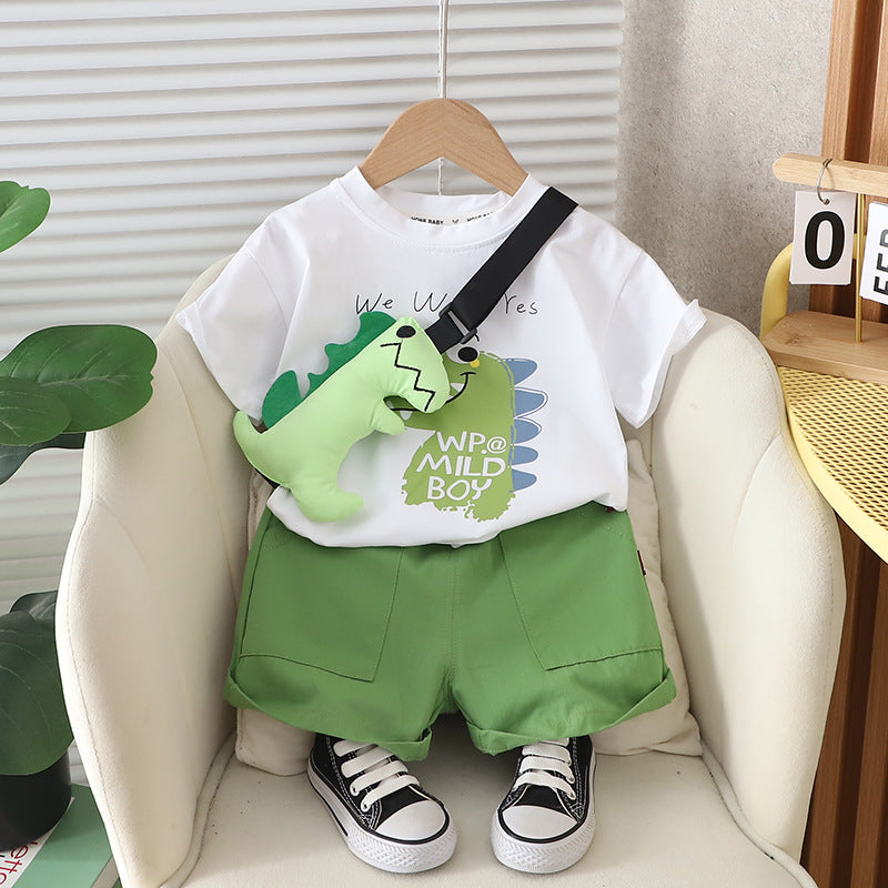 Children's Summer Clothing Korean Boys Dinosaur Bag Short Sleeve Two-piece Children's Suit
