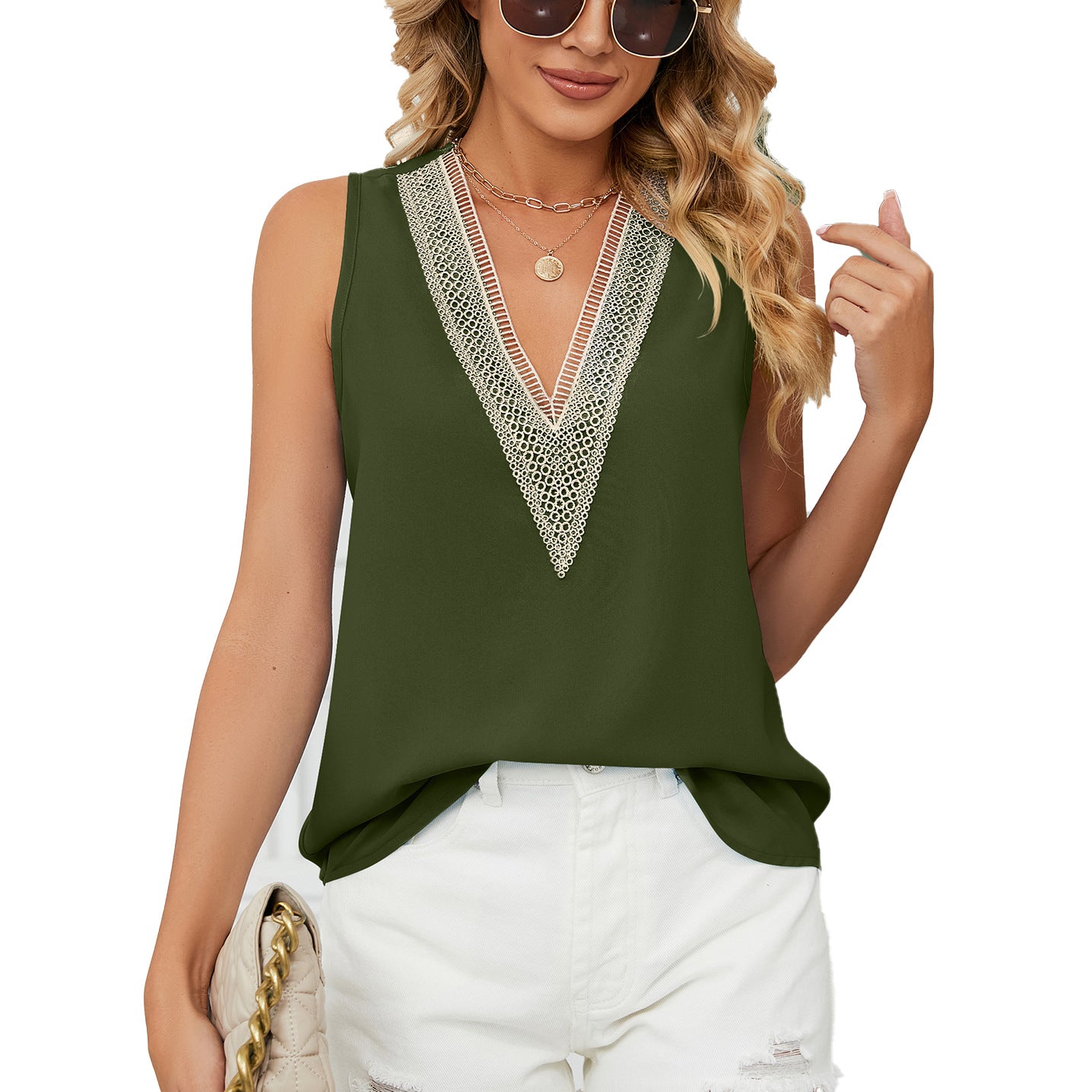 Summer Solid Color Loose Pullover Sleeveless Lace Shirt, Chiffon Shirt
