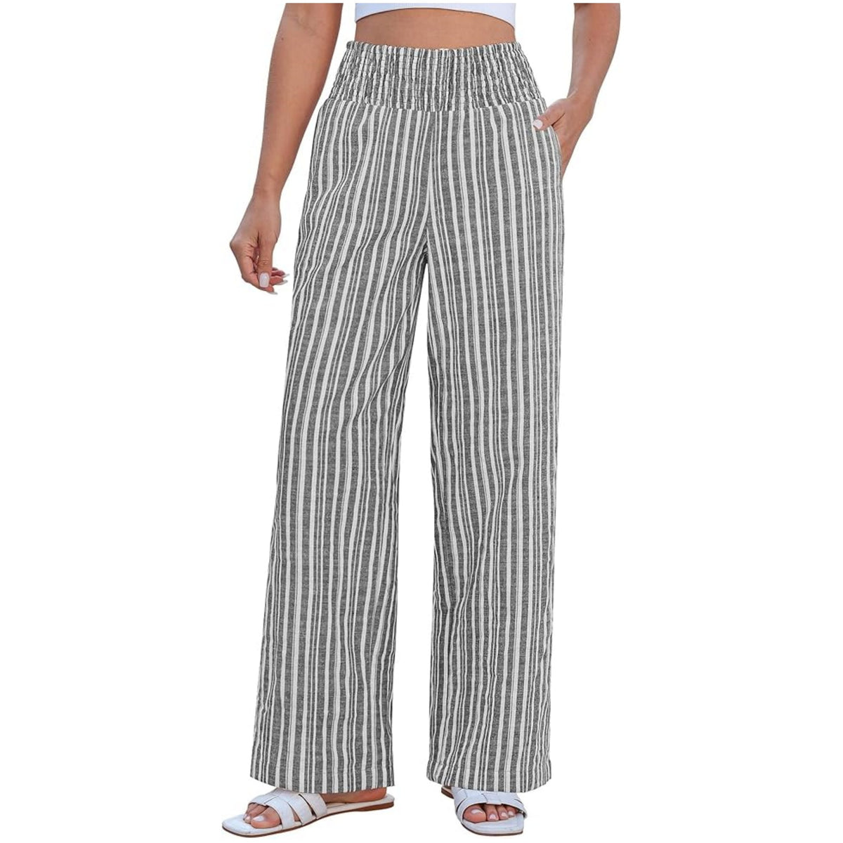 Women's Striped Loose Smocking High Waist Casual Pants