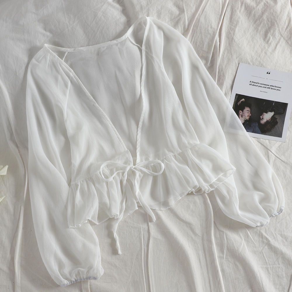 Women's Summer Knotted Sun Protection Loose Fairy Lantern Long Sleeve Outer Lace Shirt, Chiffon Shirt