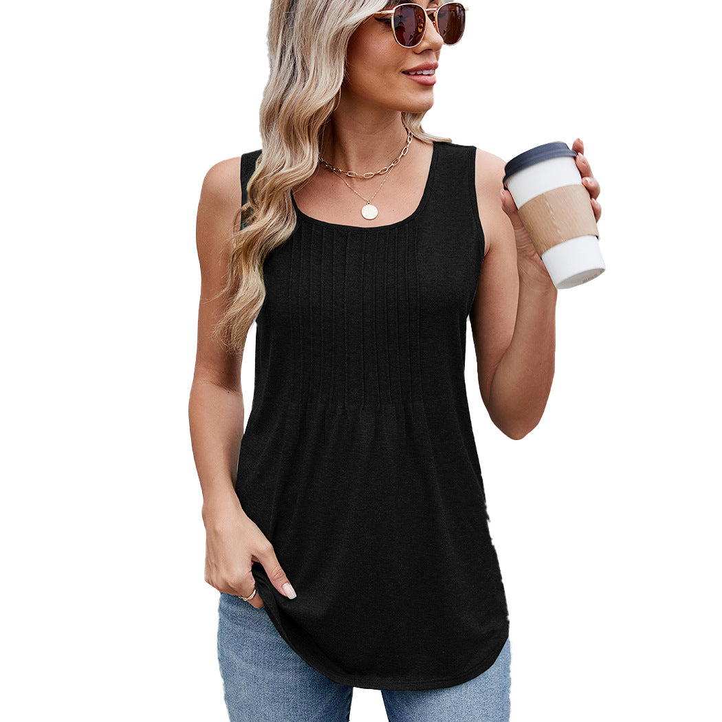Women's Round Neck Striped Loose Sleeveless Solid Color Women's T-shirt
