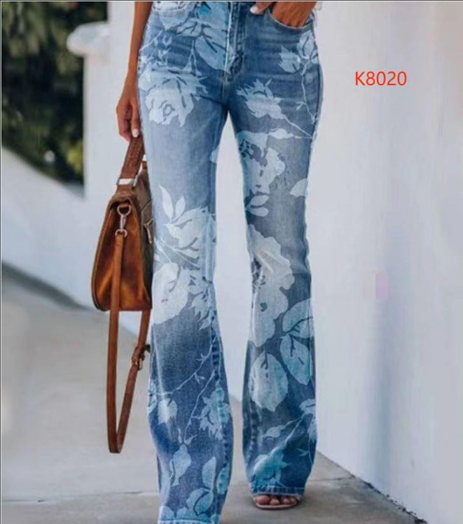 Pretty Women's Large Printed Denim Thin Jeans
