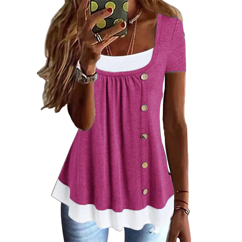 Women's Summer Round Neck Loose Pleated Button Two-piece Women's T-shirt