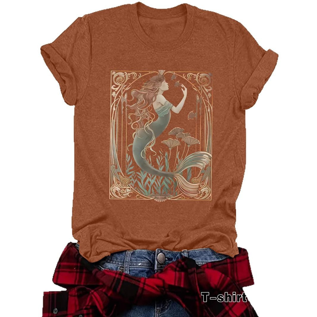 Women's Casual Feminist Mermaid Pattern Summer Round Neck Women's T-shirt