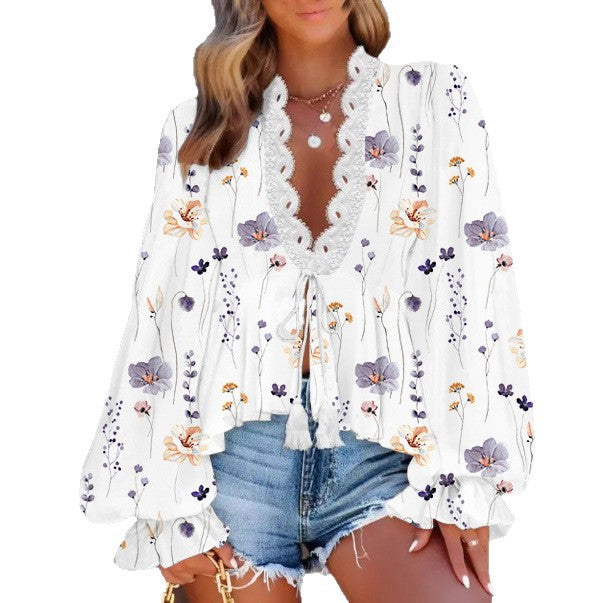 Elegant Women's Lace Stitching Printing Shirt Blouse
