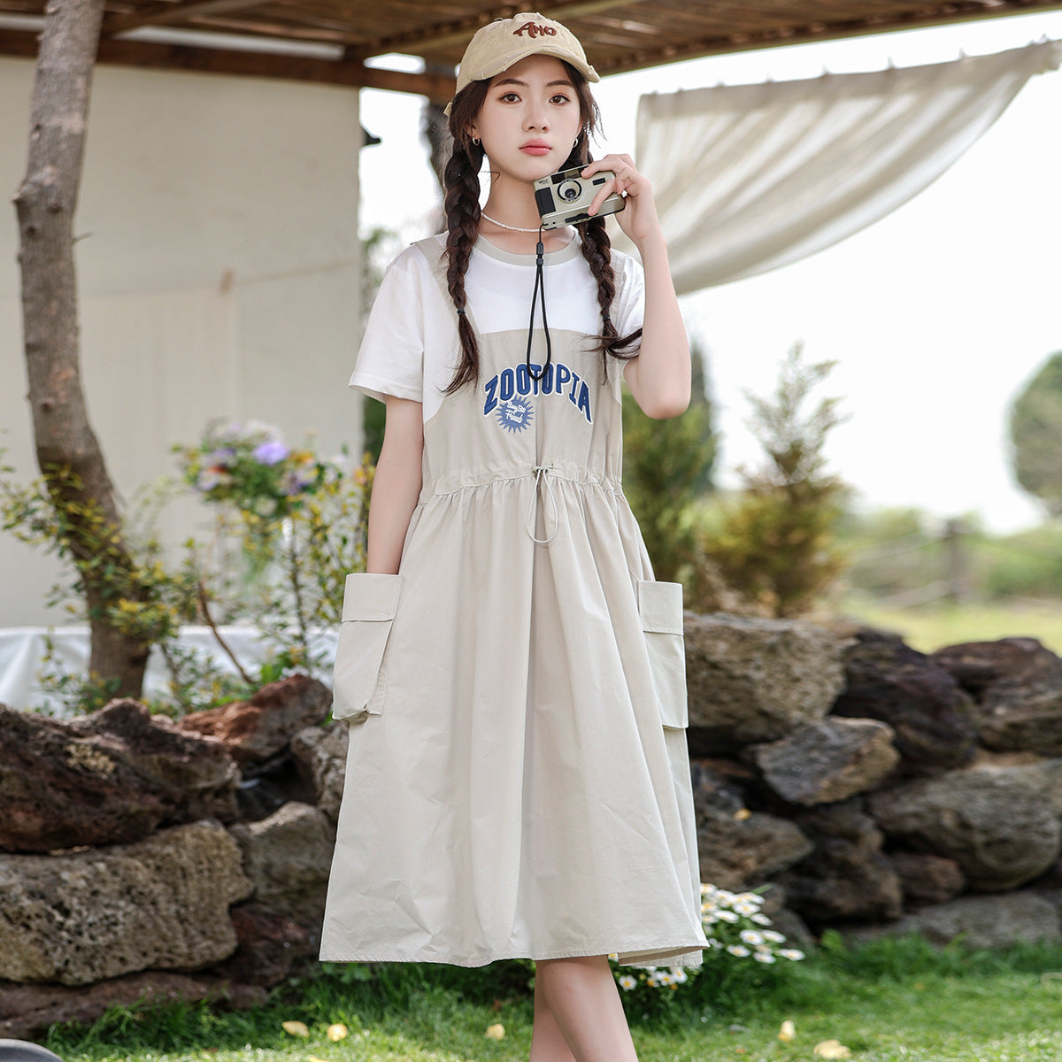 Children's Summer Thin Medium Large Fake Two Pieces Short Sleeve Suspender Children's Dress