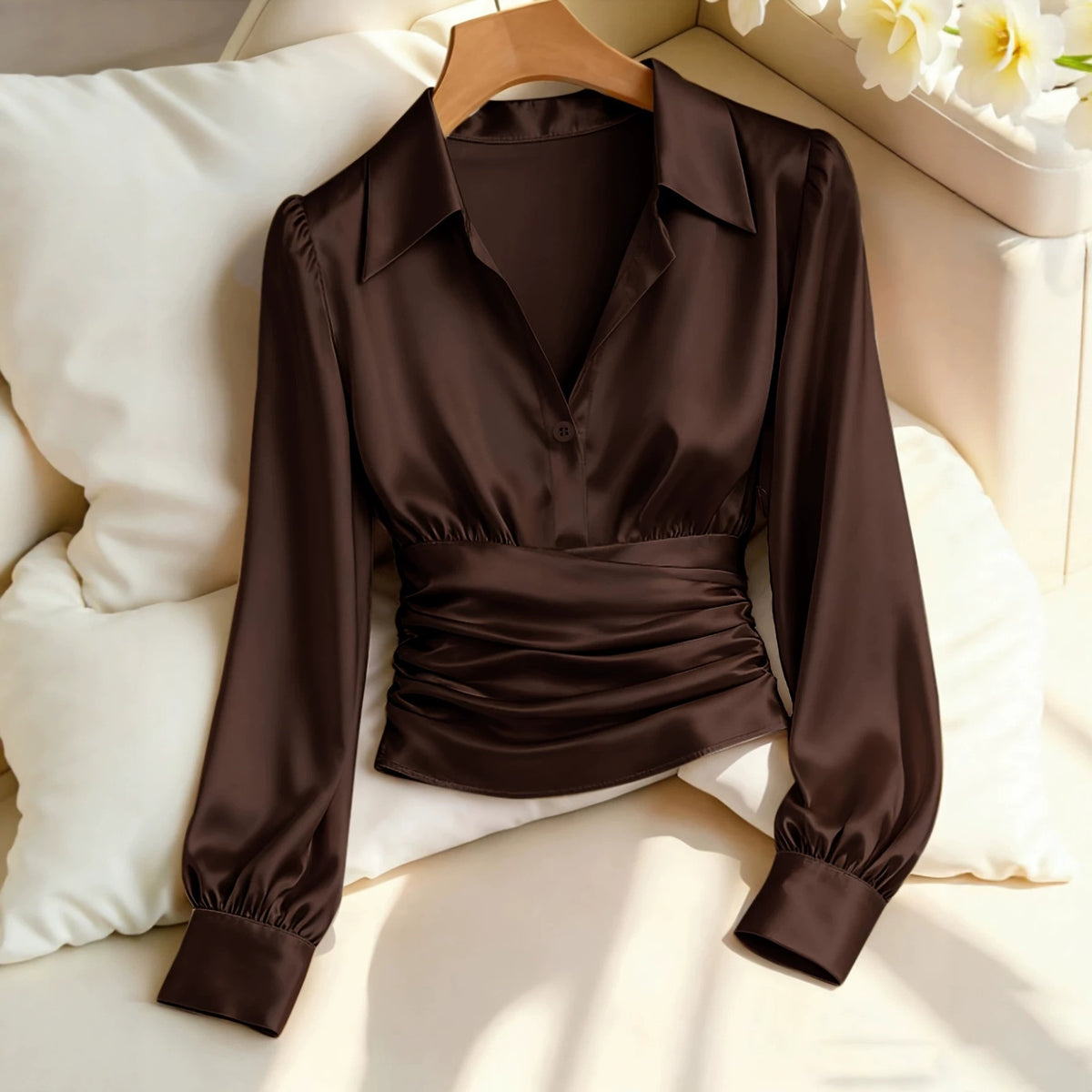 Women's Satin Lapel Shirt Autumn Waist Pleated Elegant Burgundy Collar Puff Blouse