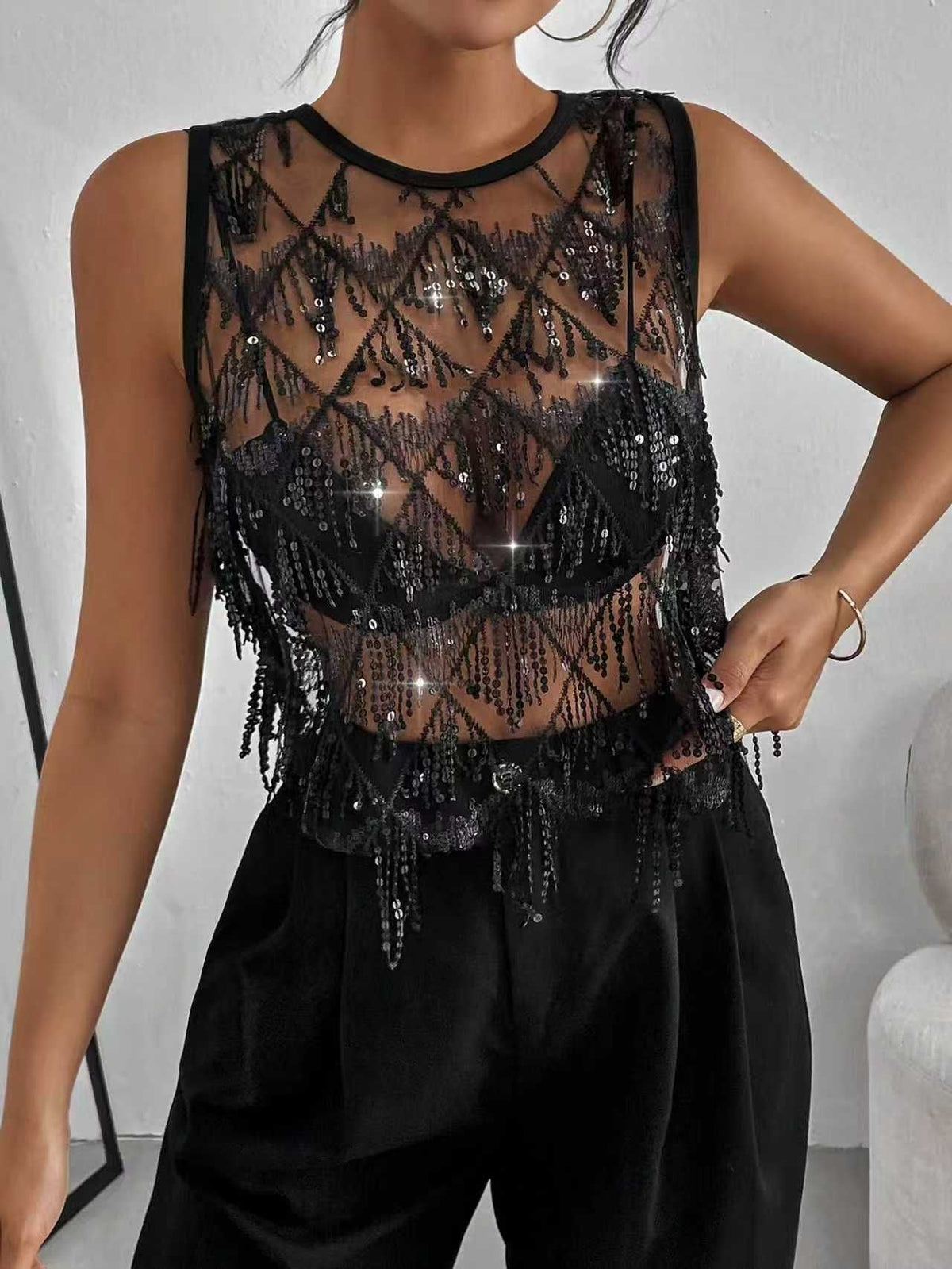Women's Sexy Tassel Sequined Round Neck Party Holiday Summer Small Vest/suspenders/tube Top
