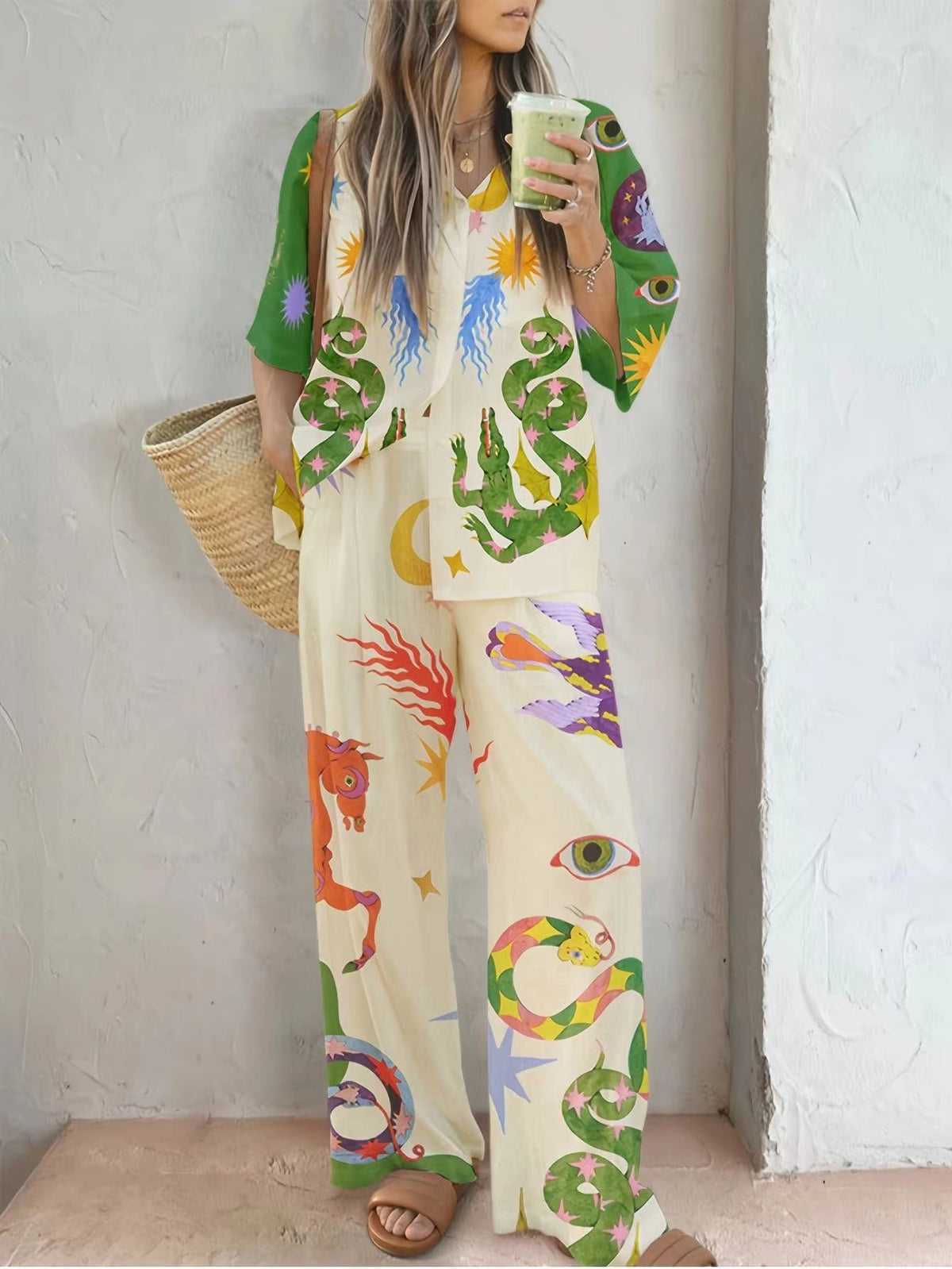 Women's Cartoon Printed Shirt Loose-fitting Trousers Set Fashion Casual Suit