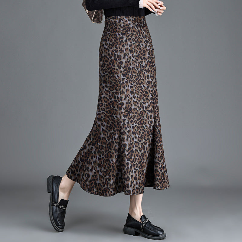 Women's Waist Slimming Leopard Print Mid-length Fishtail Temperament Dress Skirts