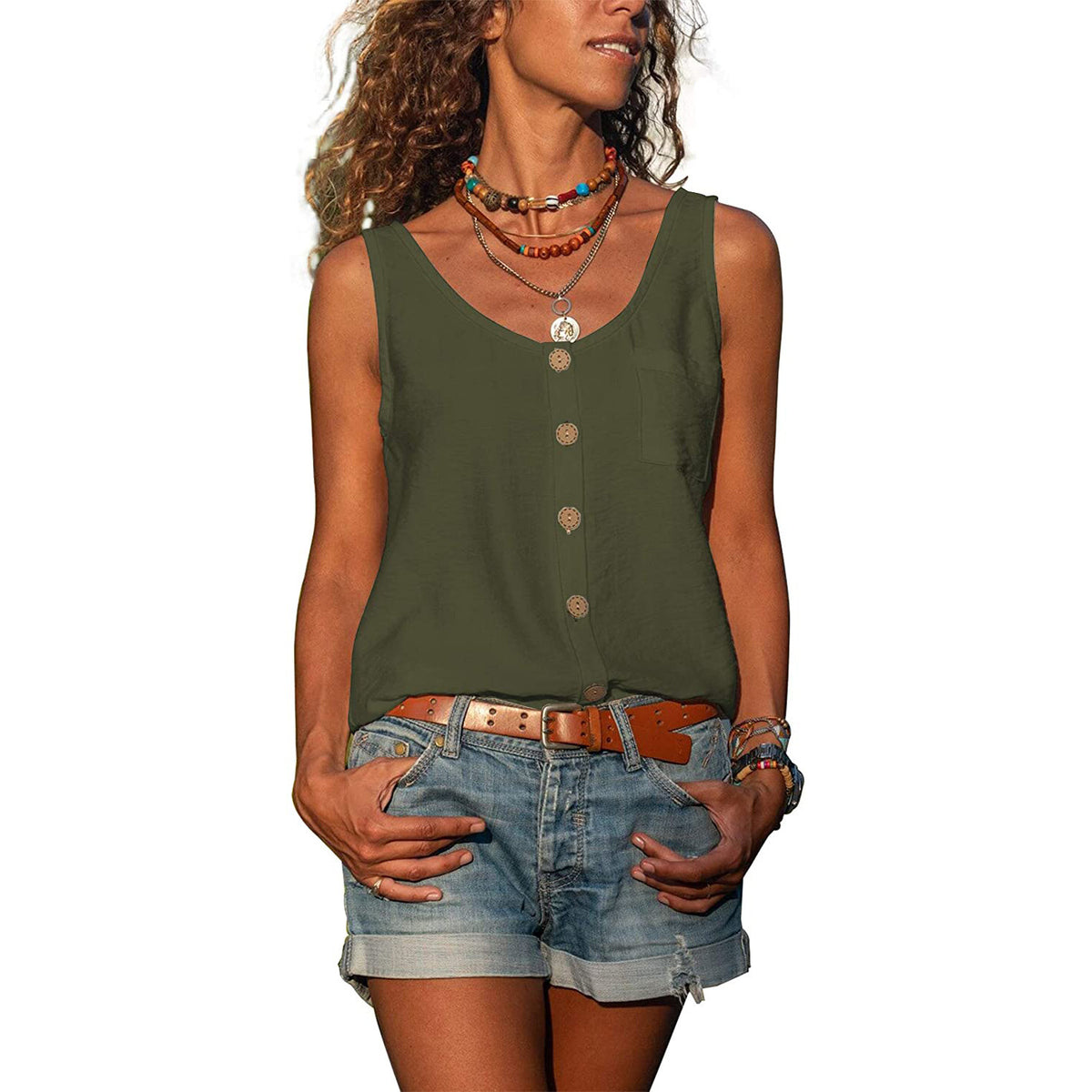 Women's Summer Solid Color Button Shirt Sleeveless Vests