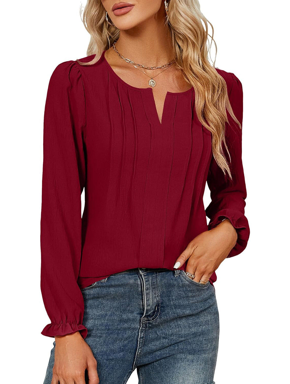 Women's Casual Solid Color Long Sleeve Stripes Lace Shirt, Chiffon Shirt