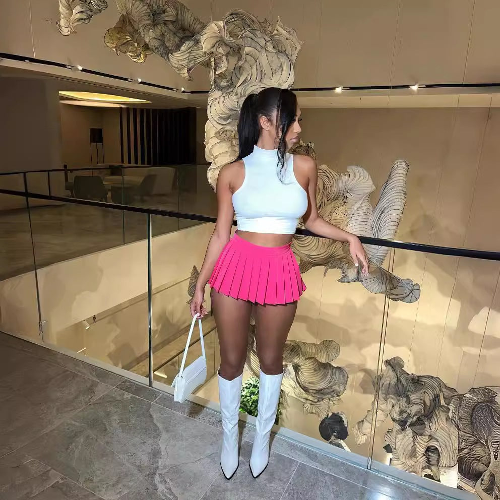 Women's Summer Solid Color Sexy Mini Pleated Skirt