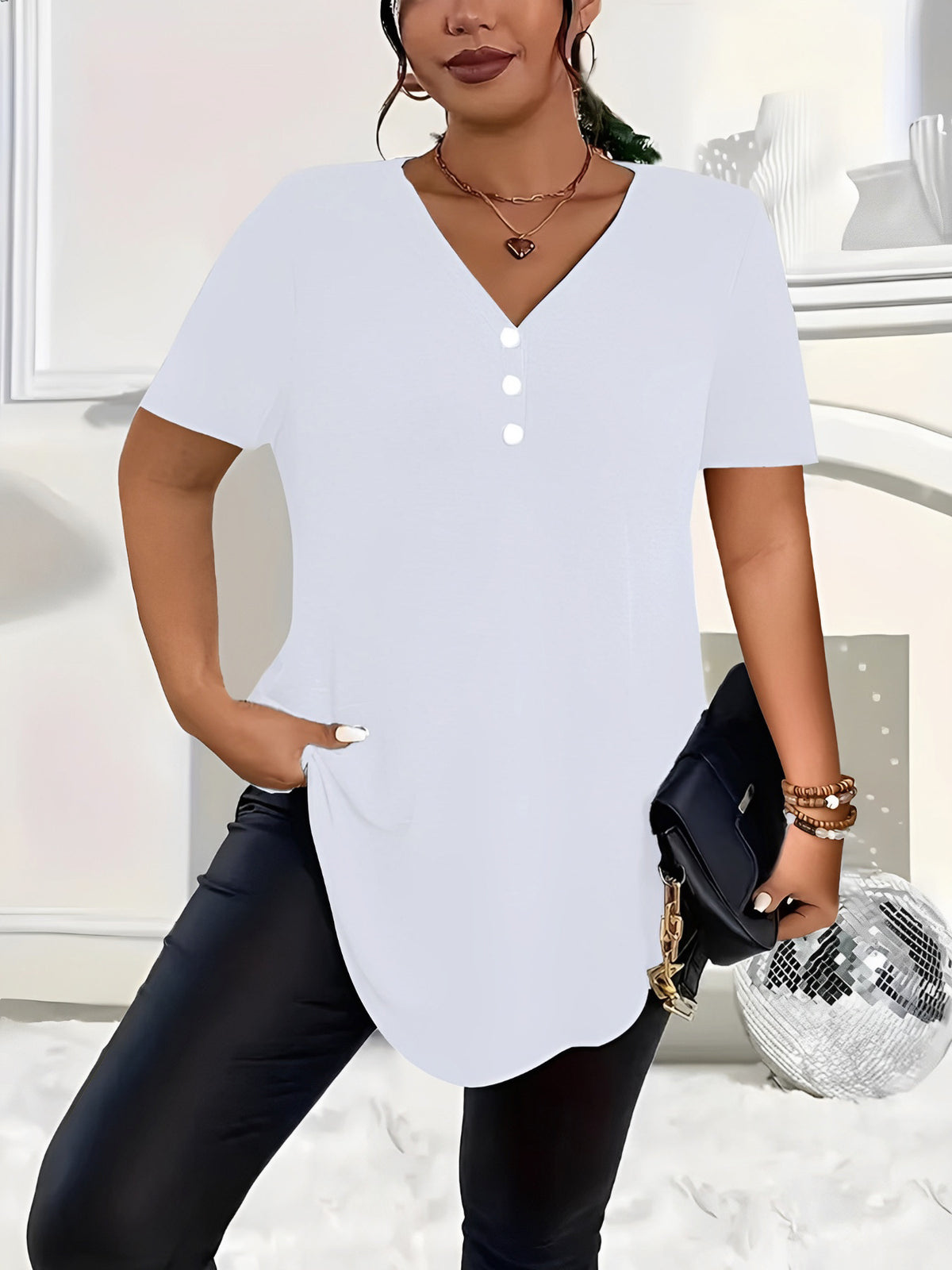 Women's Spring Fashion Solid Color Button Sleeve Women's T-shirt