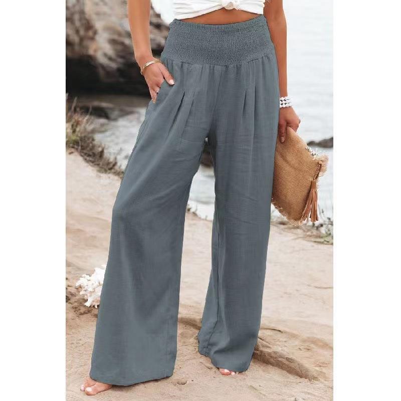 Women's Cotton Linen Pure Color Elastic Waist Wide Leg Casual Pants