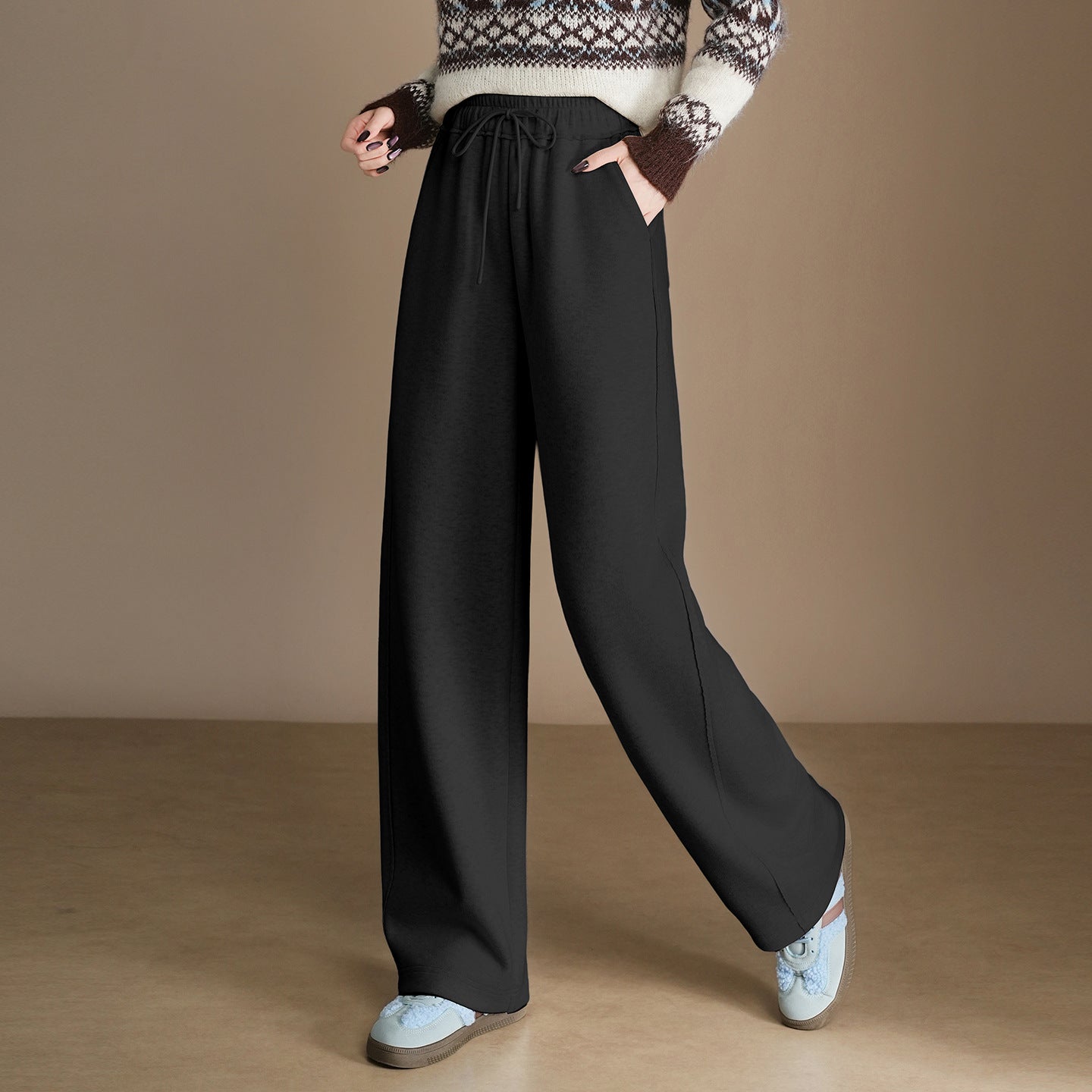 Women's Waist Workout Drawstring Wide Leg Loose-fitting Casual Pants