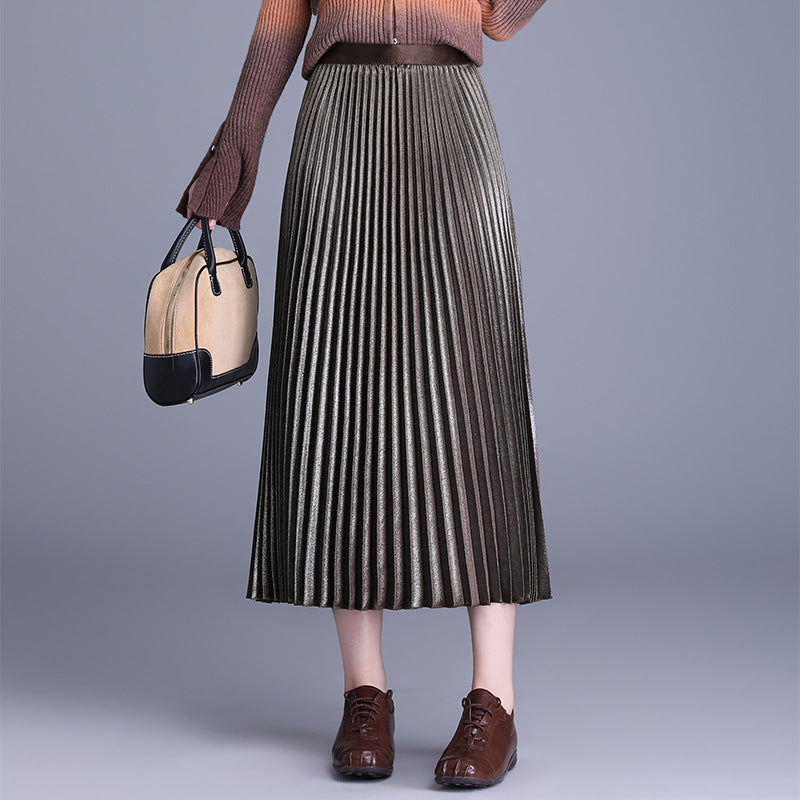 Pleated Autumn High Waist Mid-length Long Dress Temperament Drape A- Skirt