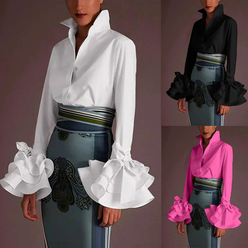 Women's Autumn Solid Color Slim Casual Ruffle Sleeve Tops