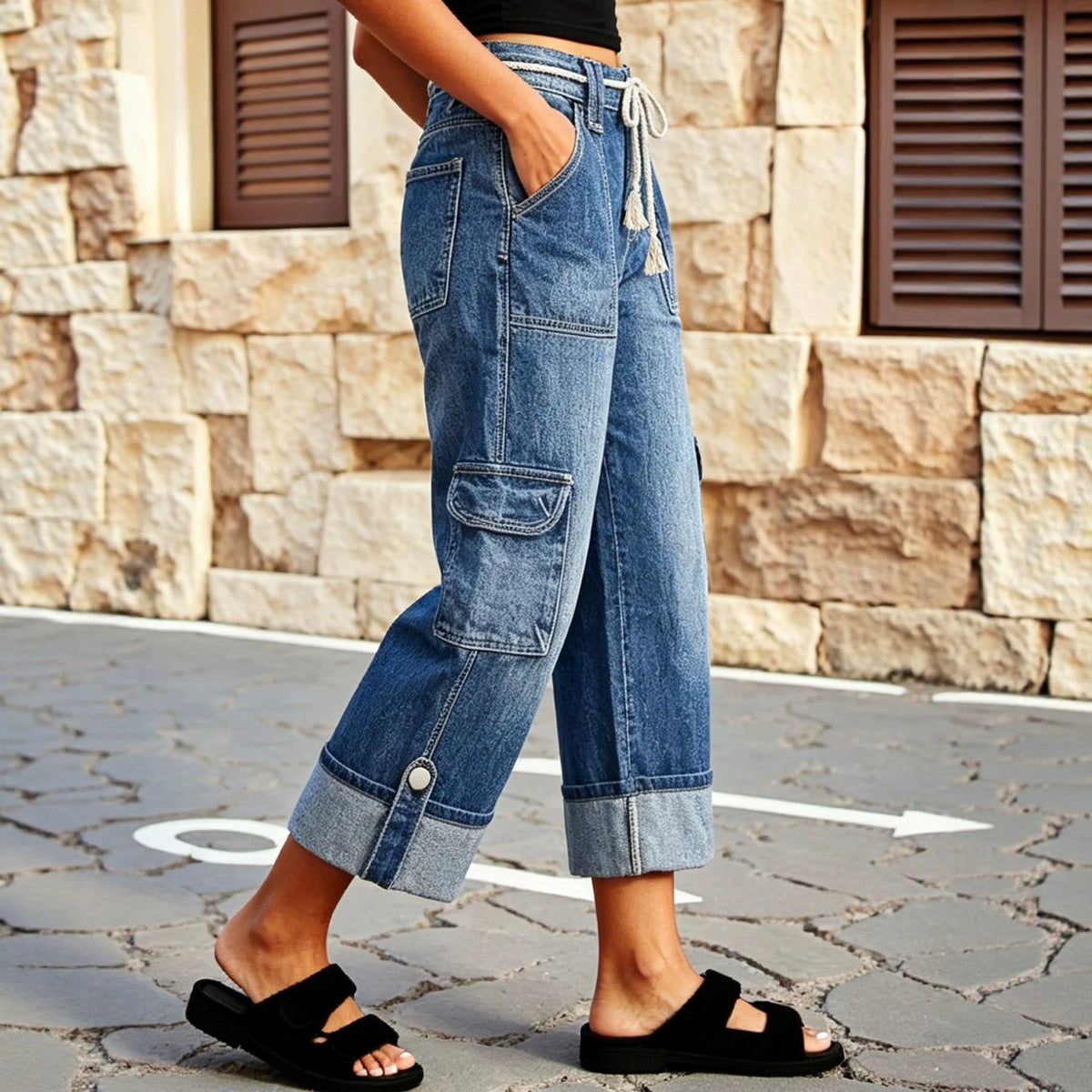Women's Drawstring Waist Cropped Retro Washed Curling Jeans
